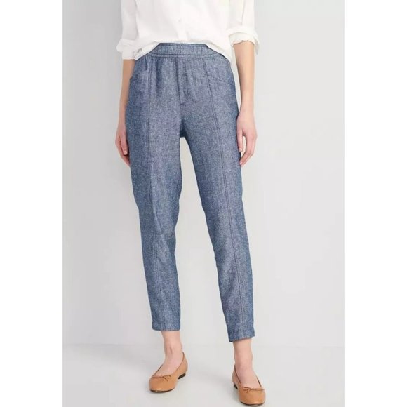 Old Navy High Waisted Chambray Tapered Leg Pant Womens XL Blue Linen Blend - Picture 8 of 9